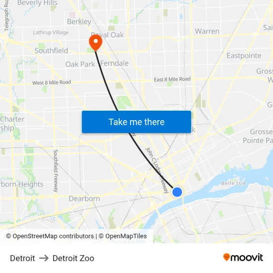 Detroit to Detroit Zoo map