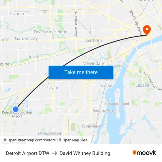 Detroit Airport DTW to David Whitney Building map