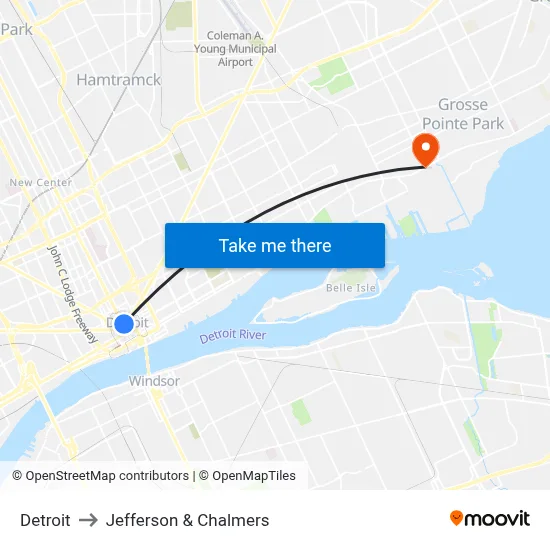 Detroit to Jefferson & Chalmers map