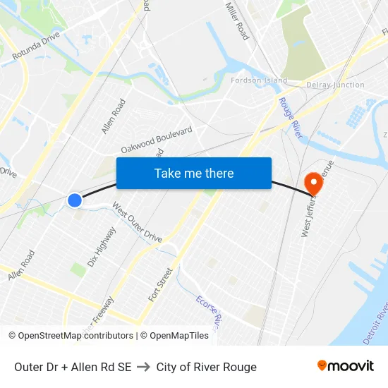 Outer Dr + Allen Rd SE to City of River Rouge map