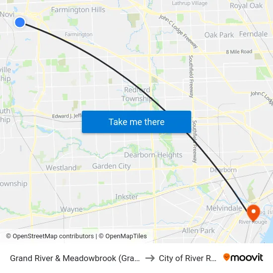 Grand River & Meadowbrook (Grandview) to City of River Rouge map