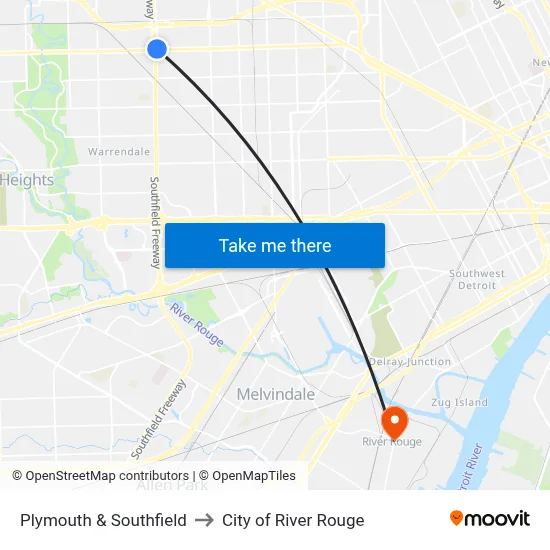 Plymouth & Southfield to City of River Rouge map