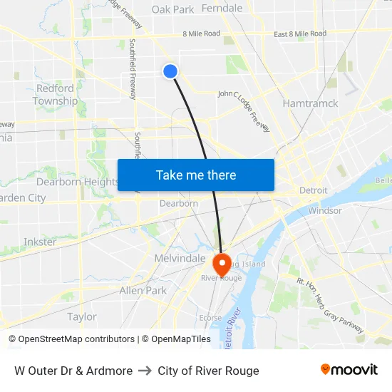 W Outer Dr & Ardmore to City of River Rouge map