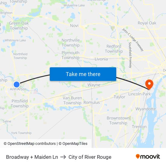 Broadway + Maiden Ln to City of River Rouge map