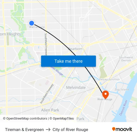Tireman & Evergreen to City of River Rouge map