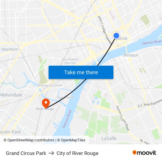 Grand Circus Park to City of River Rouge map