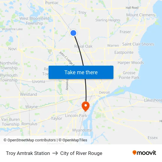 Troy Amtrak Station to City of River Rouge map