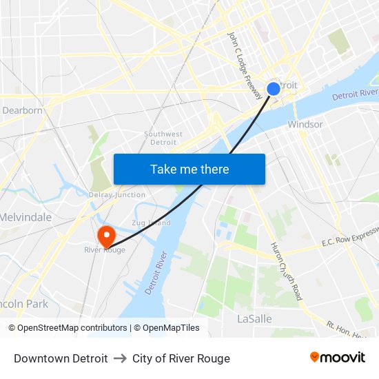 Downtown Detroit to City of River Rouge map