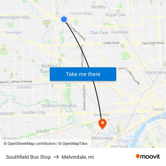 Southfield Bus Stop to Melvindale, mi map