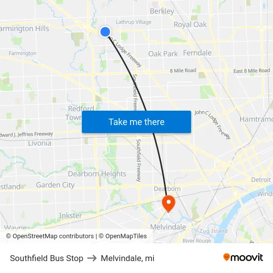Southfield Bus Stop to Melvindale, mi map