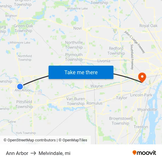 Ann Arbor to Melvindale, mi map