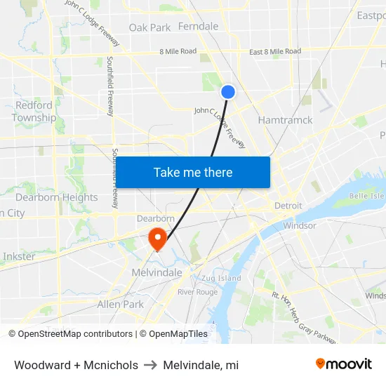 Woodward + Mcnichols to Melvindale, mi map