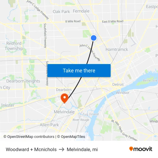 Woodward + Mcnichols to Melvindale, mi map