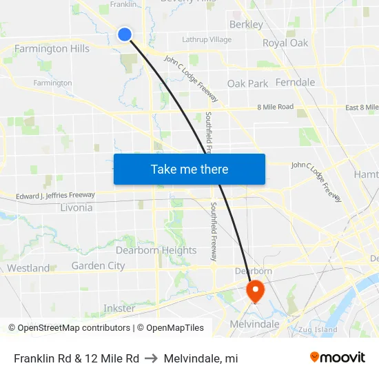 Franklin Rd & 12 Mile Rd to Melvindale, mi map
