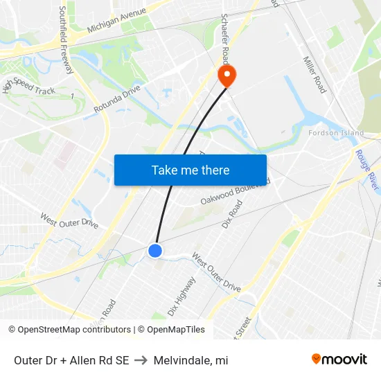 Outer Dr + Allen Rd SE to Melvindale, mi map