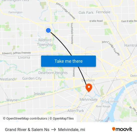 Grand River & Salem Ns to Melvindale, mi map