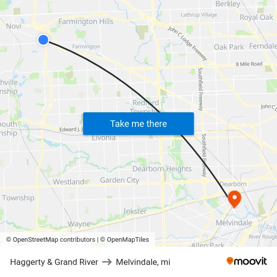 Haggerty & Grand River to Melvindale, mi map
