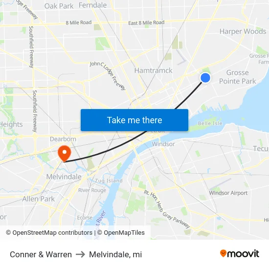 Conner & Warren to Melvindale, mi map