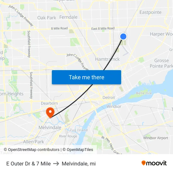 E Outer Dr & 7 Mile to Melvindale, mi map