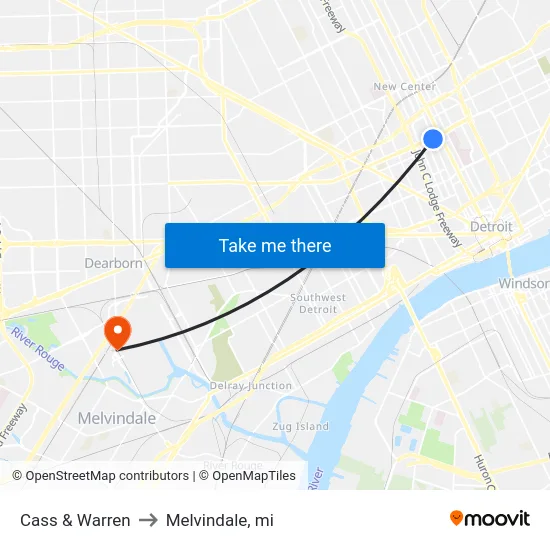 Cass & Warren to Melvindale, mi map