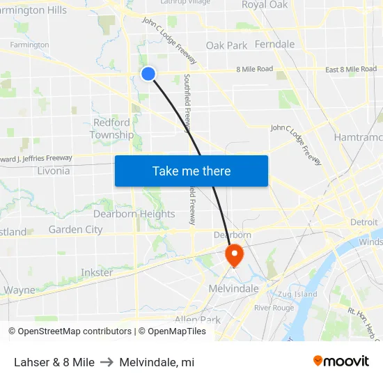 Lahser & 8 Mile to Melvindale, mi map