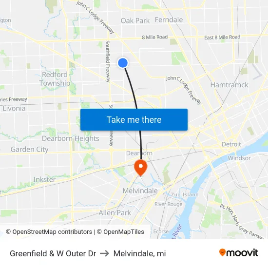 Greenfield & W Outer Dr to Melvindale, mi map