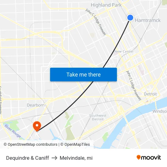 Dequindre & Caniff to Melvindale, mi map