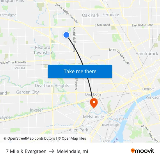 7 Mile & Evergreen to Melvindale, mi map