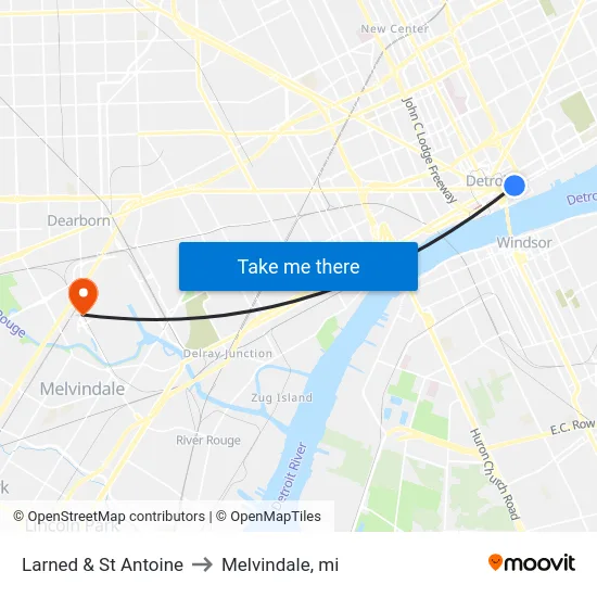 Larned & St Antoine to Melvindale, mi map