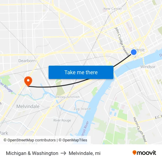 Michigan & Washington to Melvindale, mi map