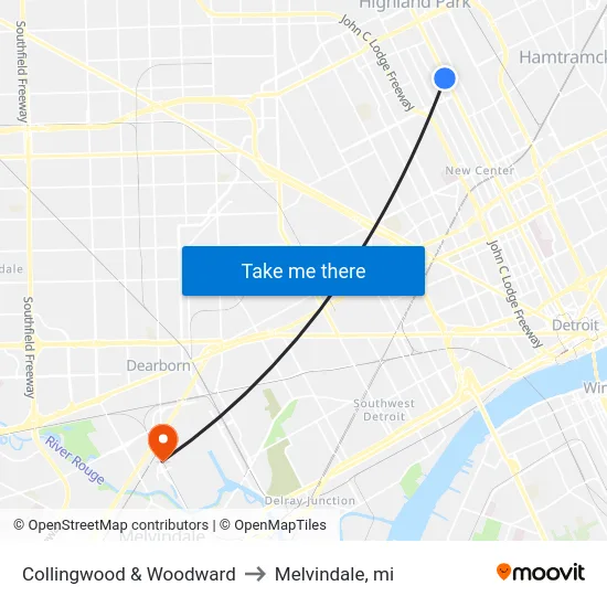 Collingwood & Woodward to Melvindale, mi map