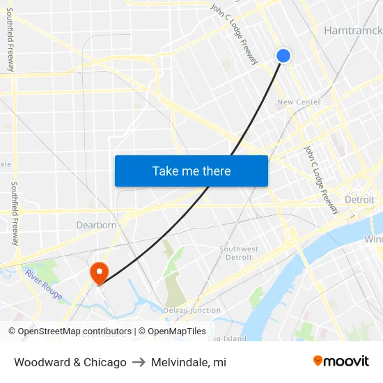 Woodward & Chicago to Melvindale, mi map