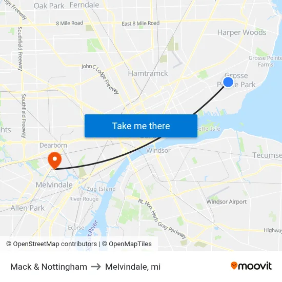 Mack & Nottingham to Melvindale, mi map