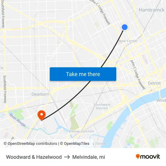 Woodward & Hazelwood to Melvindale, mi map