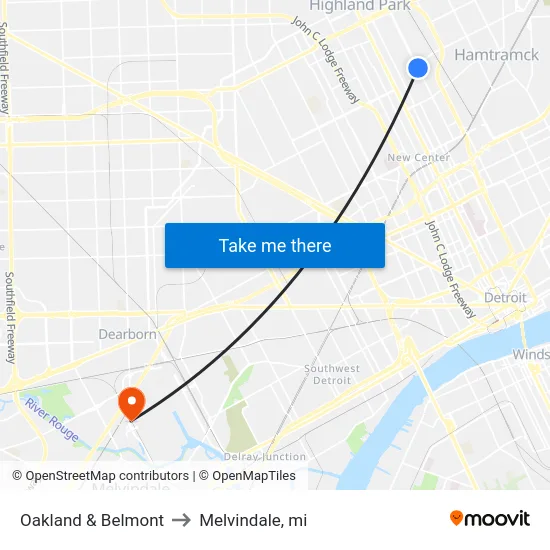 Oakland & Belmont to Melvindale, mi map