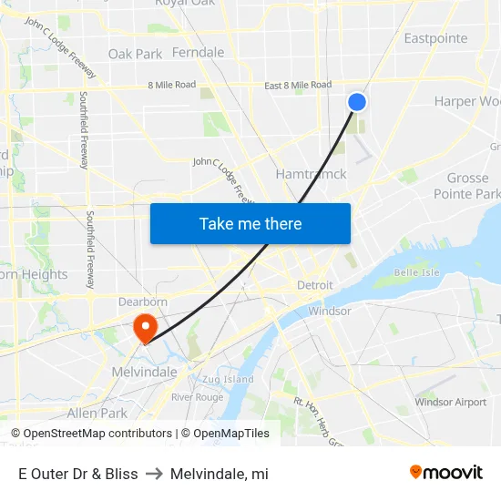 E Outer Dr & Bliss to Melvindale, mi map