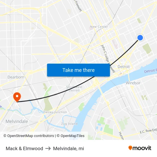 Mack & Elmwood to Melvindale, mi map