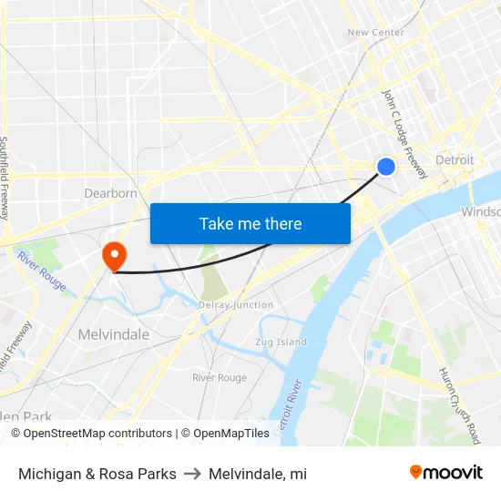 Michigan & Rosa Parks to Melvindale, mi map