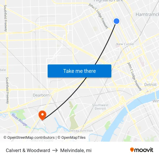 Calvert & Woodward to Melvindale, mi map