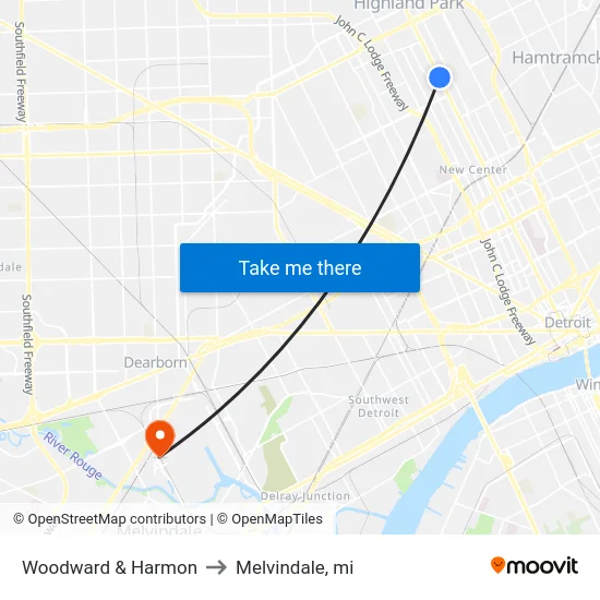 Woodward & Harmon to Melvindale, mi map