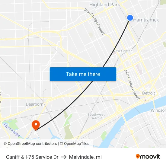 Caniff & I-75 Service Dr to Melvindale, mi map