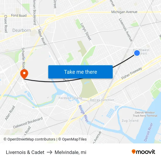 Livernois & Cadet to Melvindale, mi map