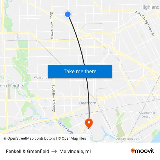 Fenkell & Greenfield to Melvindale, mi map