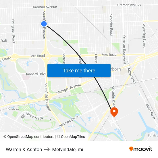 Warren & Ashton to Melvindale, mi map