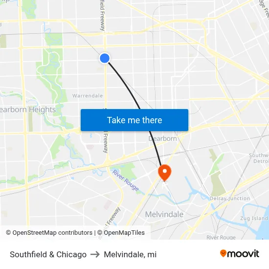 Southfield & Chicago to Melvindale, mi map