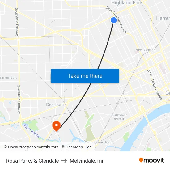Rosa Parks & Glendale to Melvindale, mi map