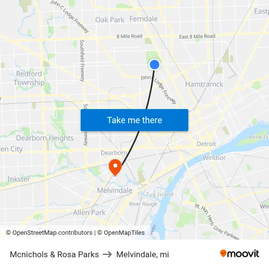 Mcnichols & Rosa Parks to Melvindale, mi map