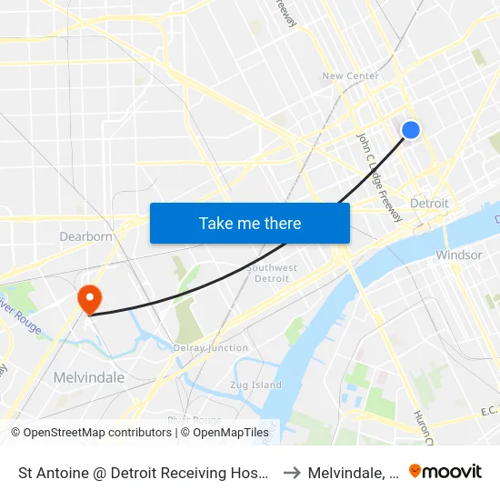 St Antoine @ Detroit Receiving Hospital to Melvindale, mi map
