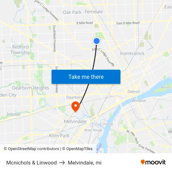 Mcnichols & Linwood to Melvindale, mi map