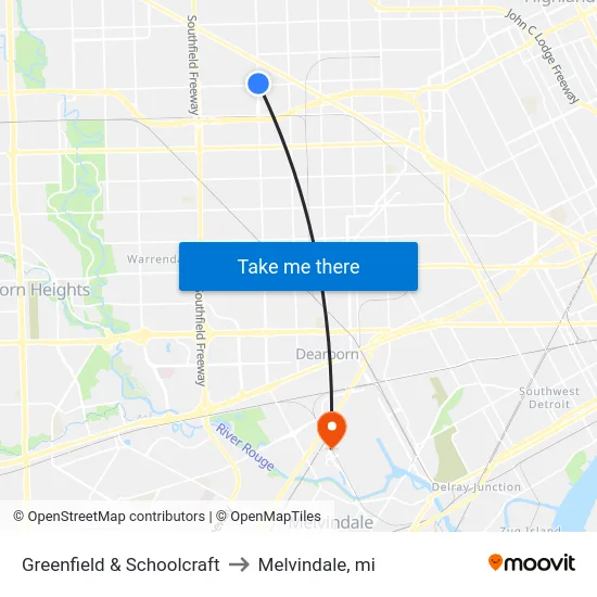 Greenfield & Schoolcraft to Melvindale, mi map